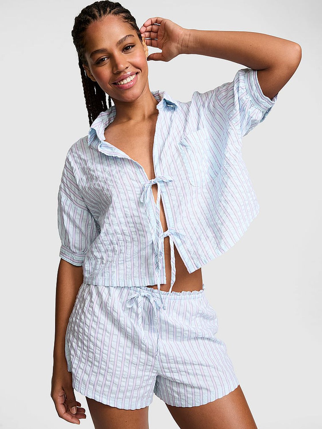 vs Pink Coastal Cutie Tie-Front Sleepshirt Spray Blue Stripes 1 of 3 