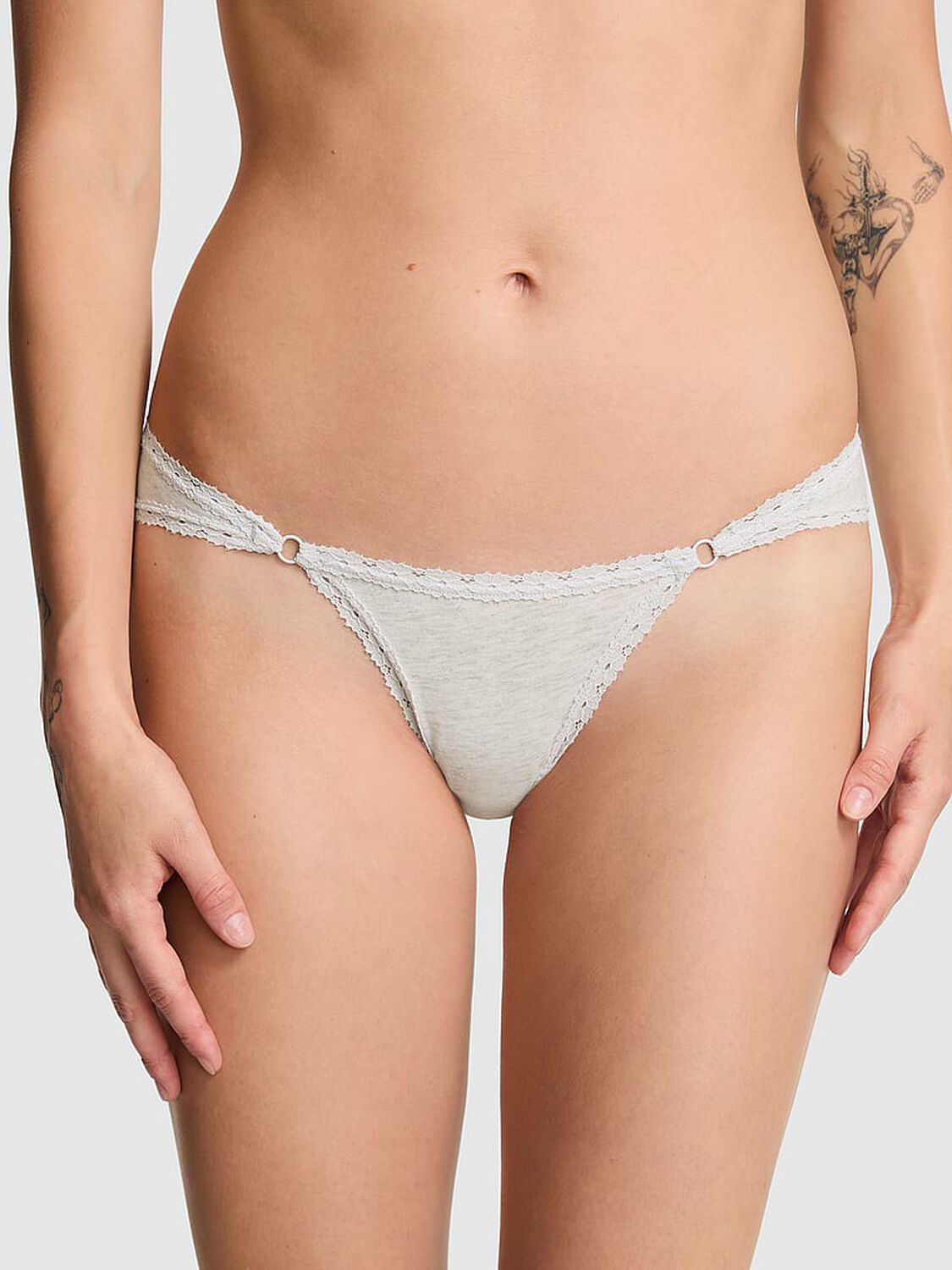 vs Pink Cotton Lace-Trim Low-Rise Cheeky Panty Vs Snow Heather Silver 1 of 2 