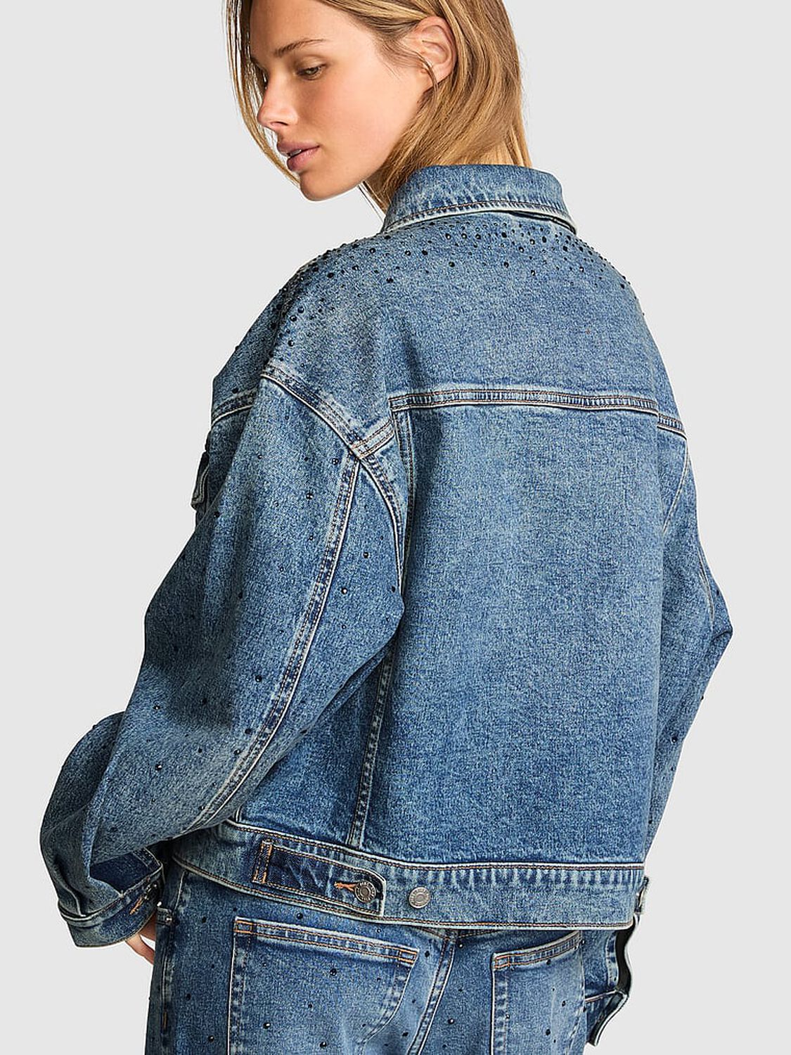 vs Pink Denim by PINK Boyfriend Trucker Jacket Diamant&eacute; Dark Wash 2 of 3 