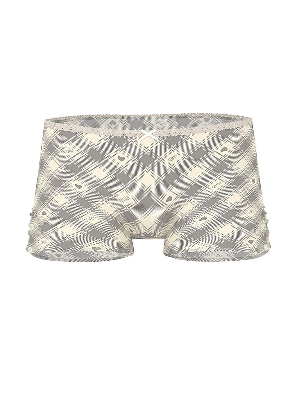 vs Pink Cotton Dorm Boyshort Panty Winter White Grey Plaid Print With Winter White Lace 3 of 3 
