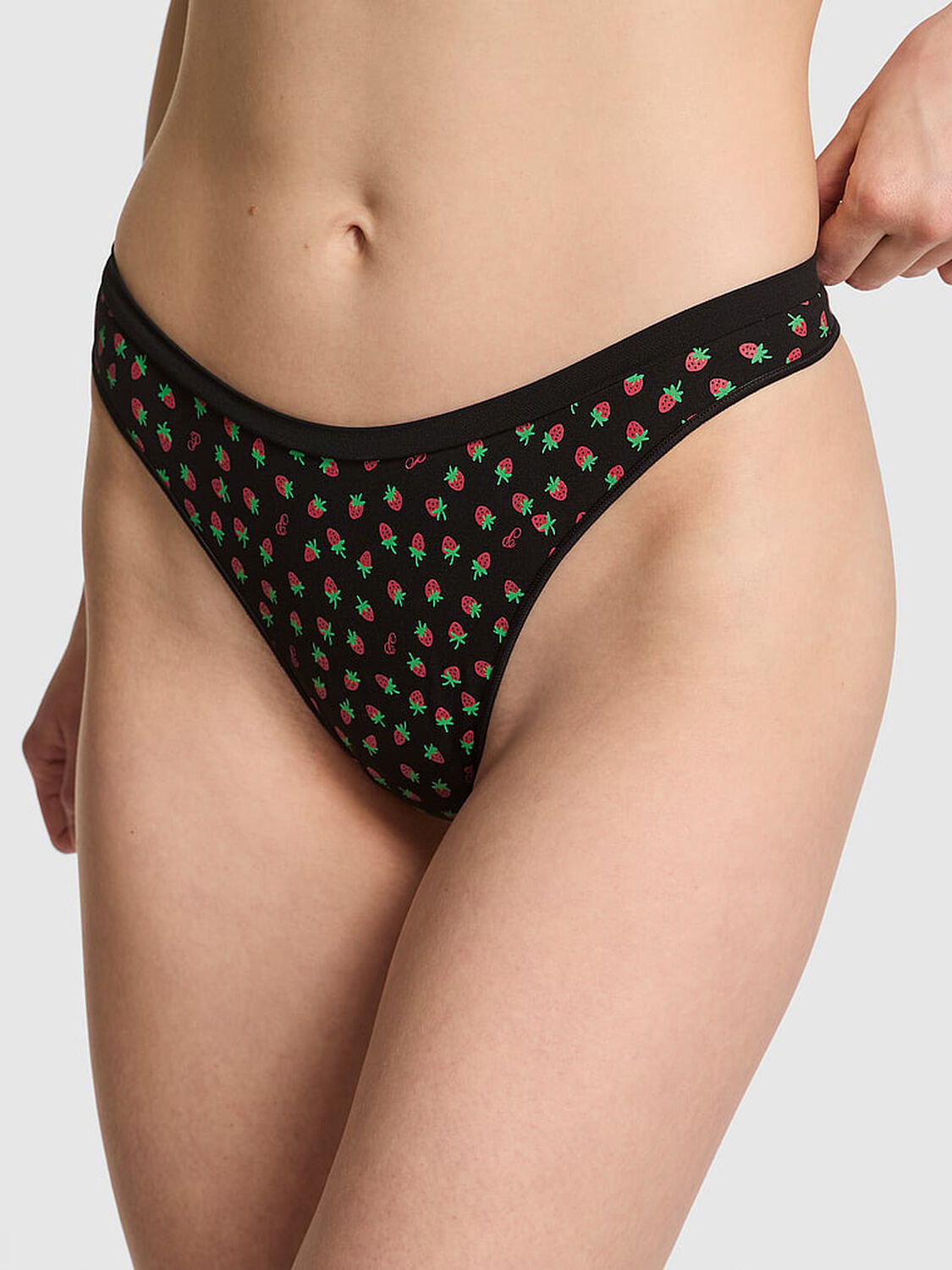 vs Pink Seamless High-Leg Thong Panty Black Strawberry Print 1 of 3 