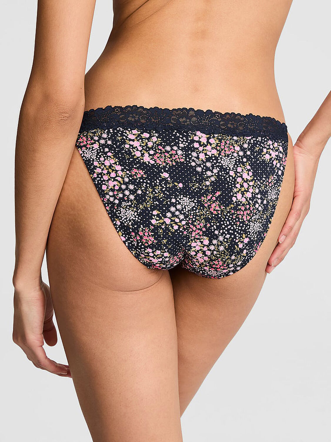 vs Pink Cotton Lace-Trim String Bikini Panty Noir Navy Floral Print 2 of 3 
