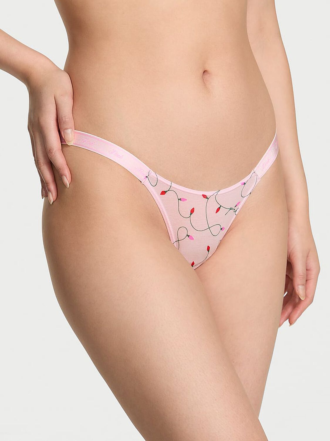 vs Pink Logo Cotton High-Leg Micro Thong Panty Pink Tulip Lights Print 1 of 3 