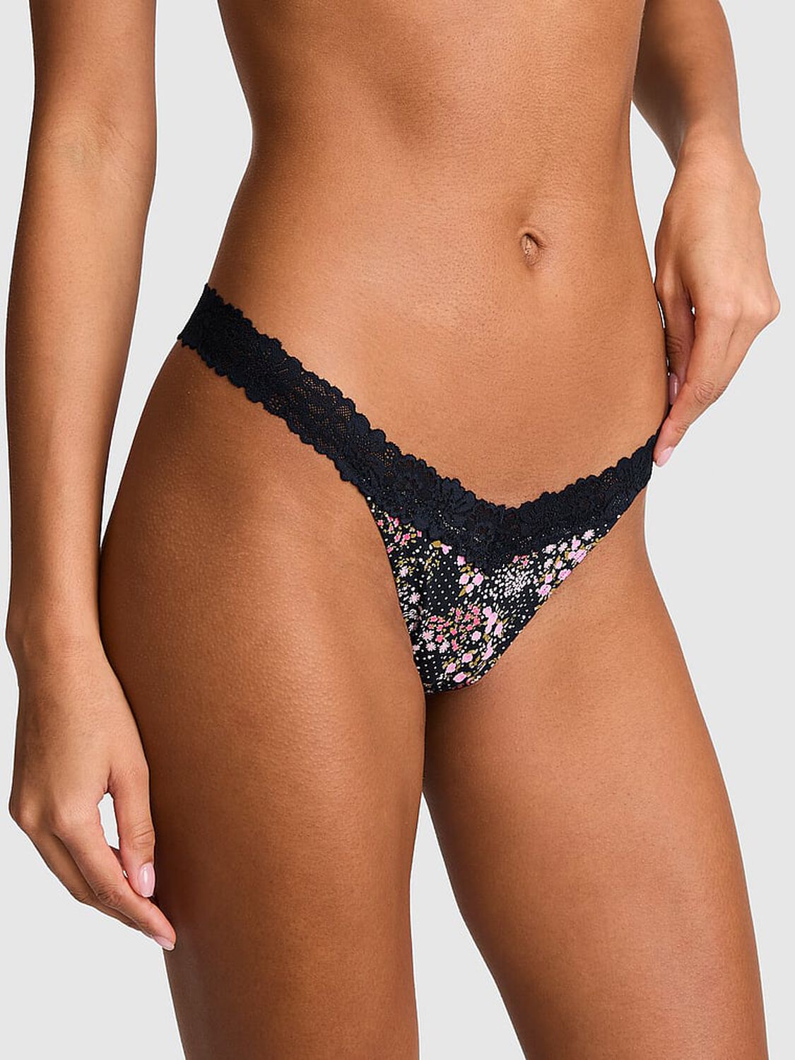 vs Pink Cotton Lace-Trim Thong Panty Noir Navy Floral Print 1 of 3 