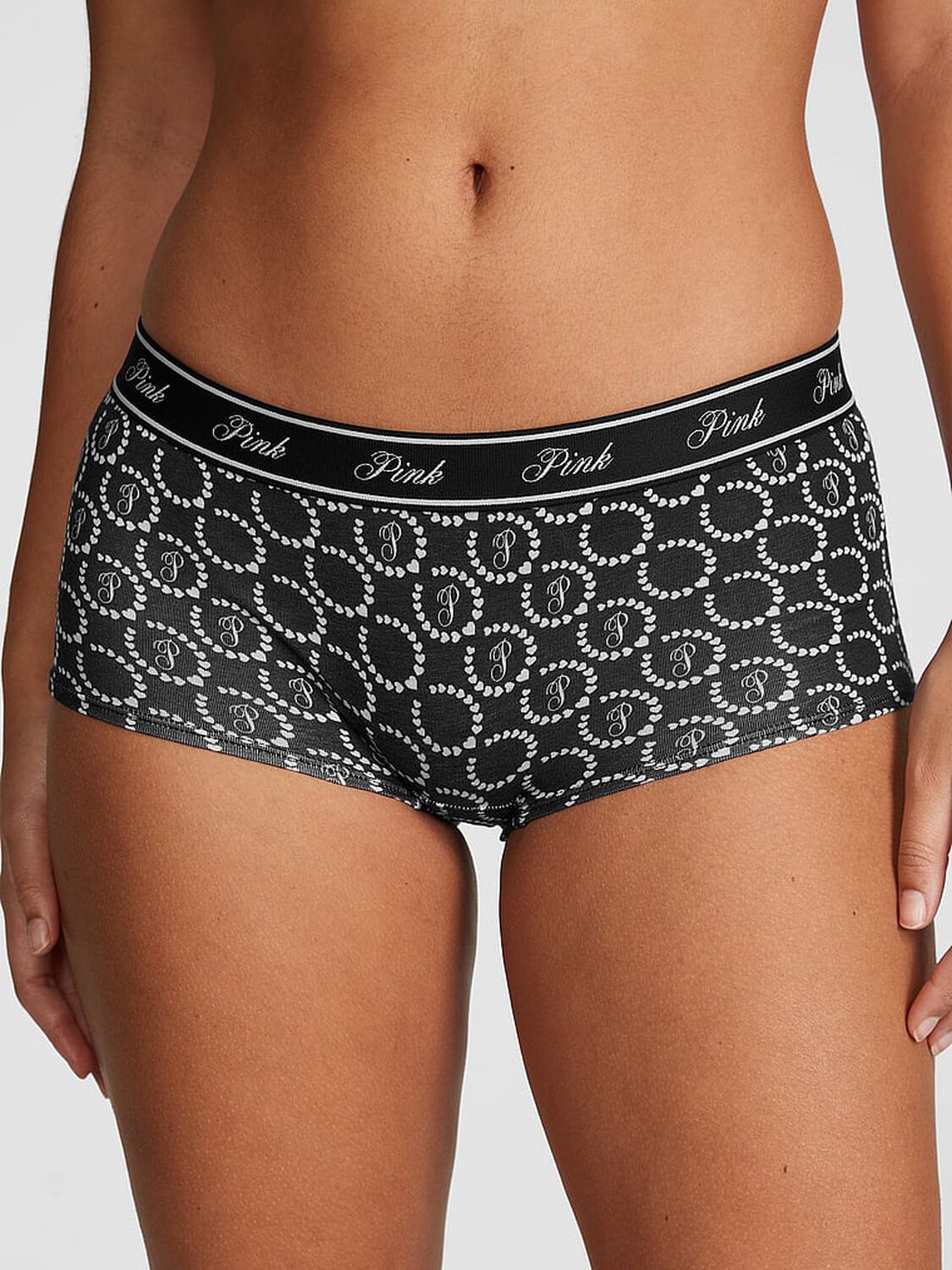 vs Pink Logo Cotton Boyshort Panty Pure Black Heart 1 of 3 