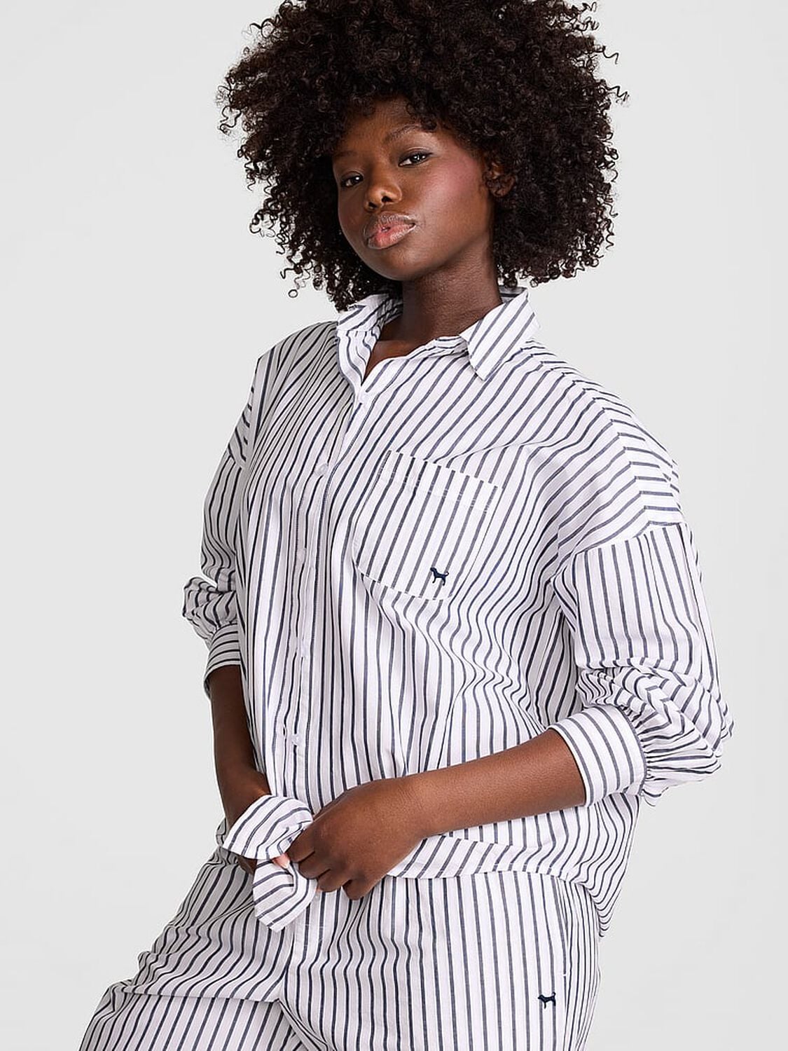 vs Pink Coastal Cutie Button-Down Sleepshirt White & Navy Stripes 1 of 3 
