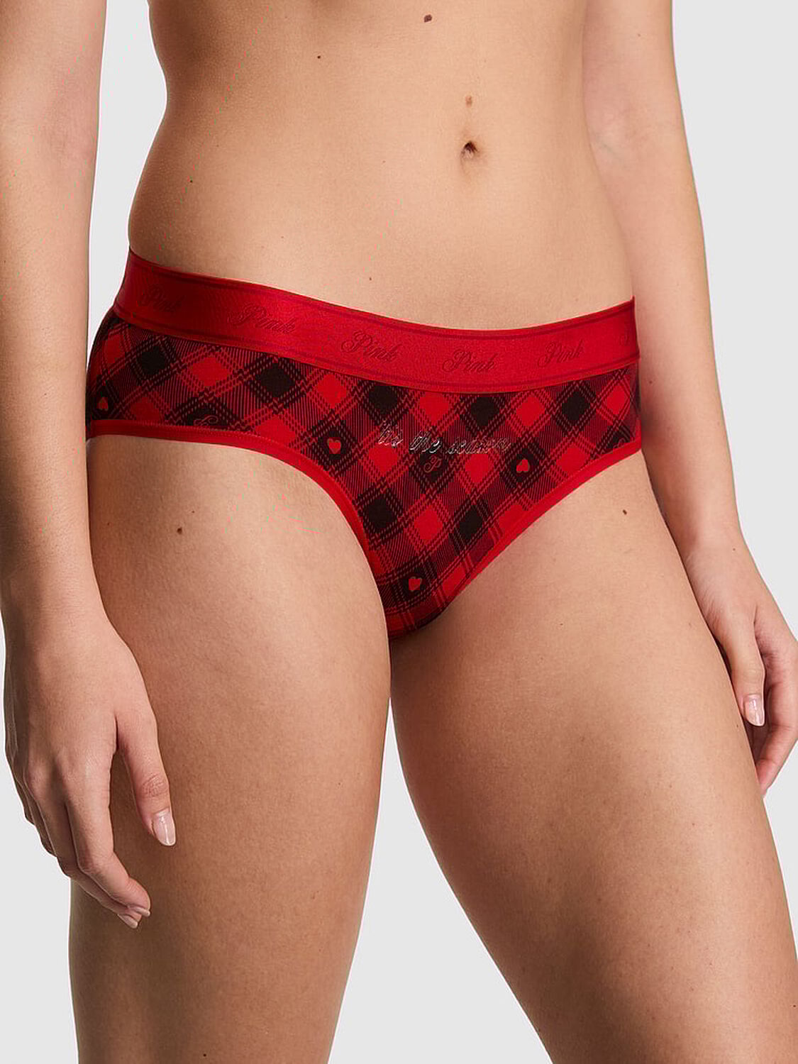 vs Pink Logo Cotton Hiphugger Panty Bright Vermillion Plaid Print Foil 'Tis The Season Graphic 1 of 3 