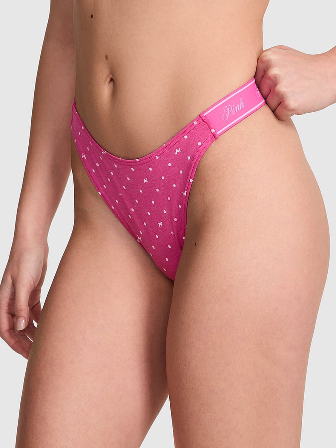 vs Pink Logo Cotton Shine High-Leg Thong Panty Pink Gossip Dot Dog Print 1 of 3 