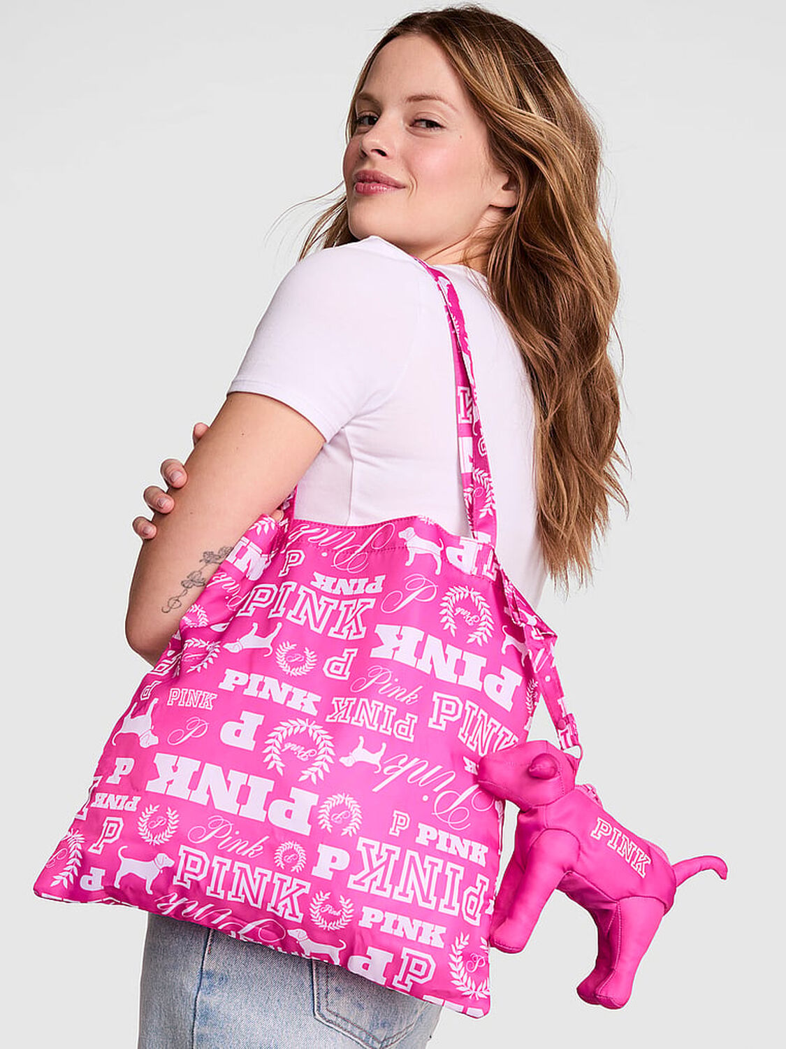 vs Pink Packable Tote Bag Pink Gossip Dog Print 3 of 4 