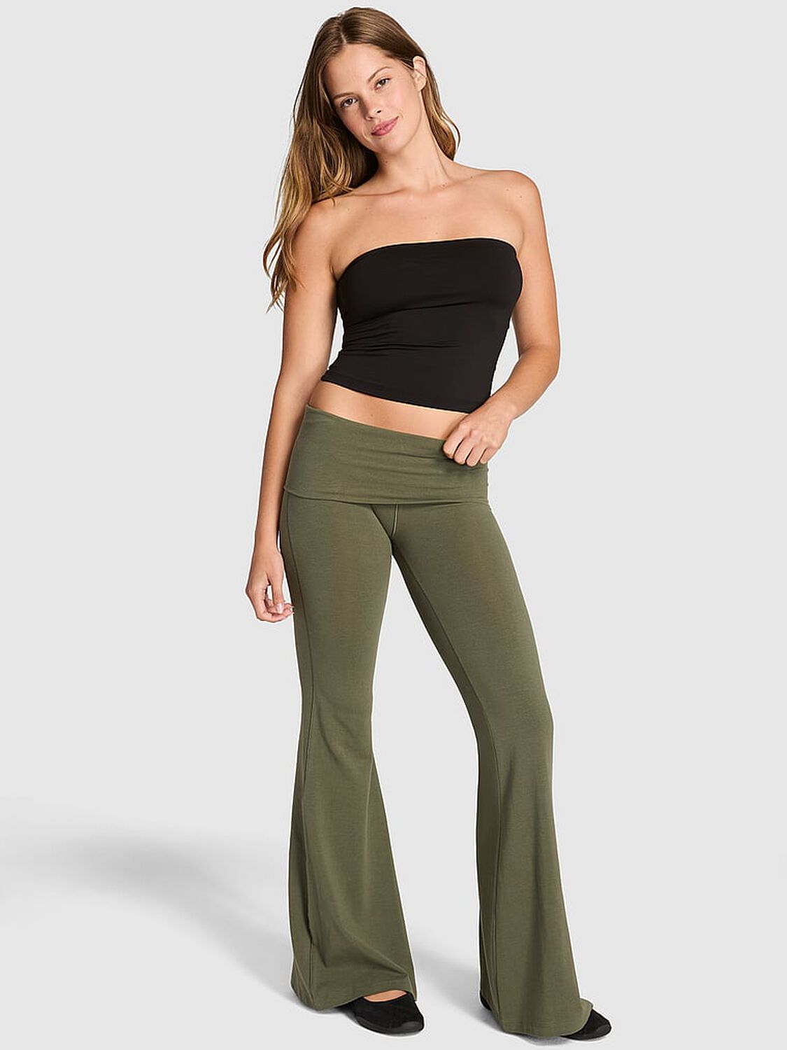 pink Pink All-Day Cotton&trade; Foldover Super Flare Leggings Olive 1 of 3 