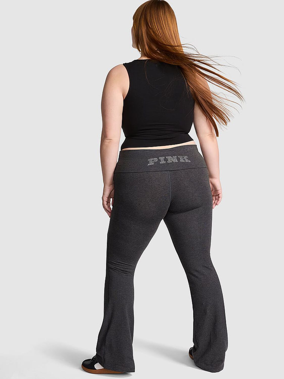 vs Pink All-Day Cotton Foldover Flare Leggings Charcoal Heather Grey Bling 2 of 3 