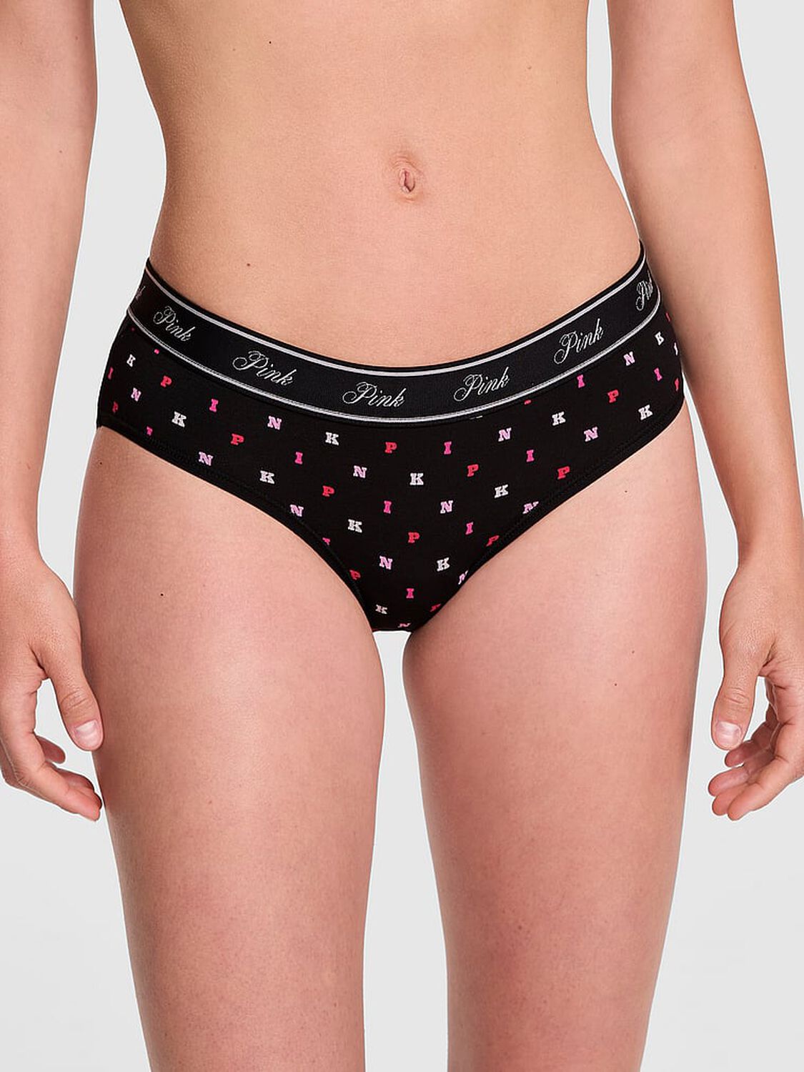 vs Pink Logo Cotton Hiphugger Panty Black Block P I N K Print 1 of 3 