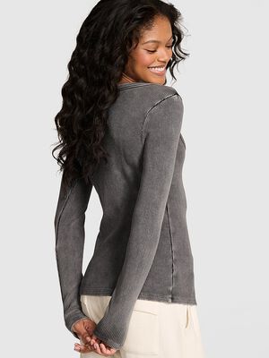 Vintage Ribbed Button-Down Long-Sleeve Tee