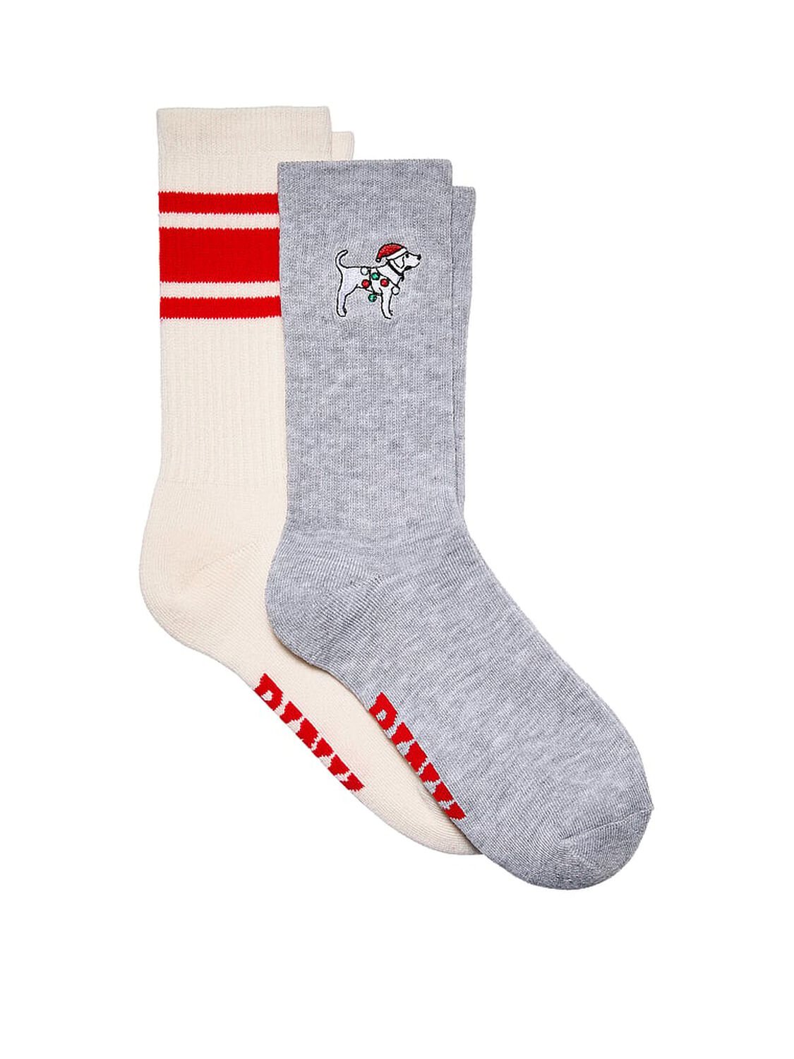vs Pink 2-Pack Crew Socks Medium Heather Grey Santa Hat Dog/Winter White With Bright Vermillion Athletic Stripe 1 of 2 