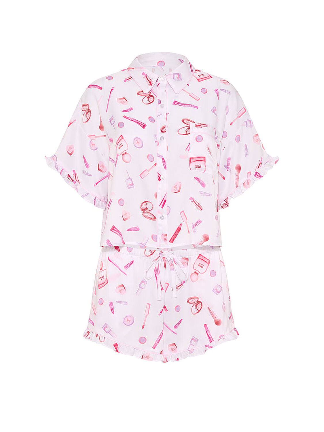pink Pink GRWPINK&trade; Satin Short-Sleeve and Shorts Pajama Set White With Makeup Print 3 of 4 