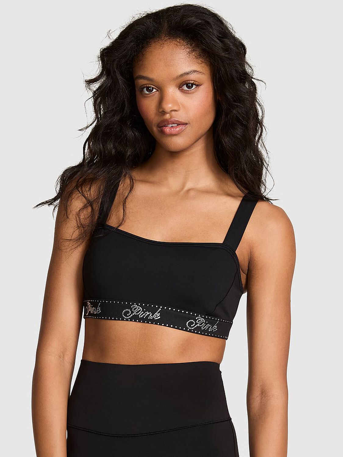 vs Pink Relay Cut-Out High-Neck Sports Bra Pure Black Marl 1 of 4 