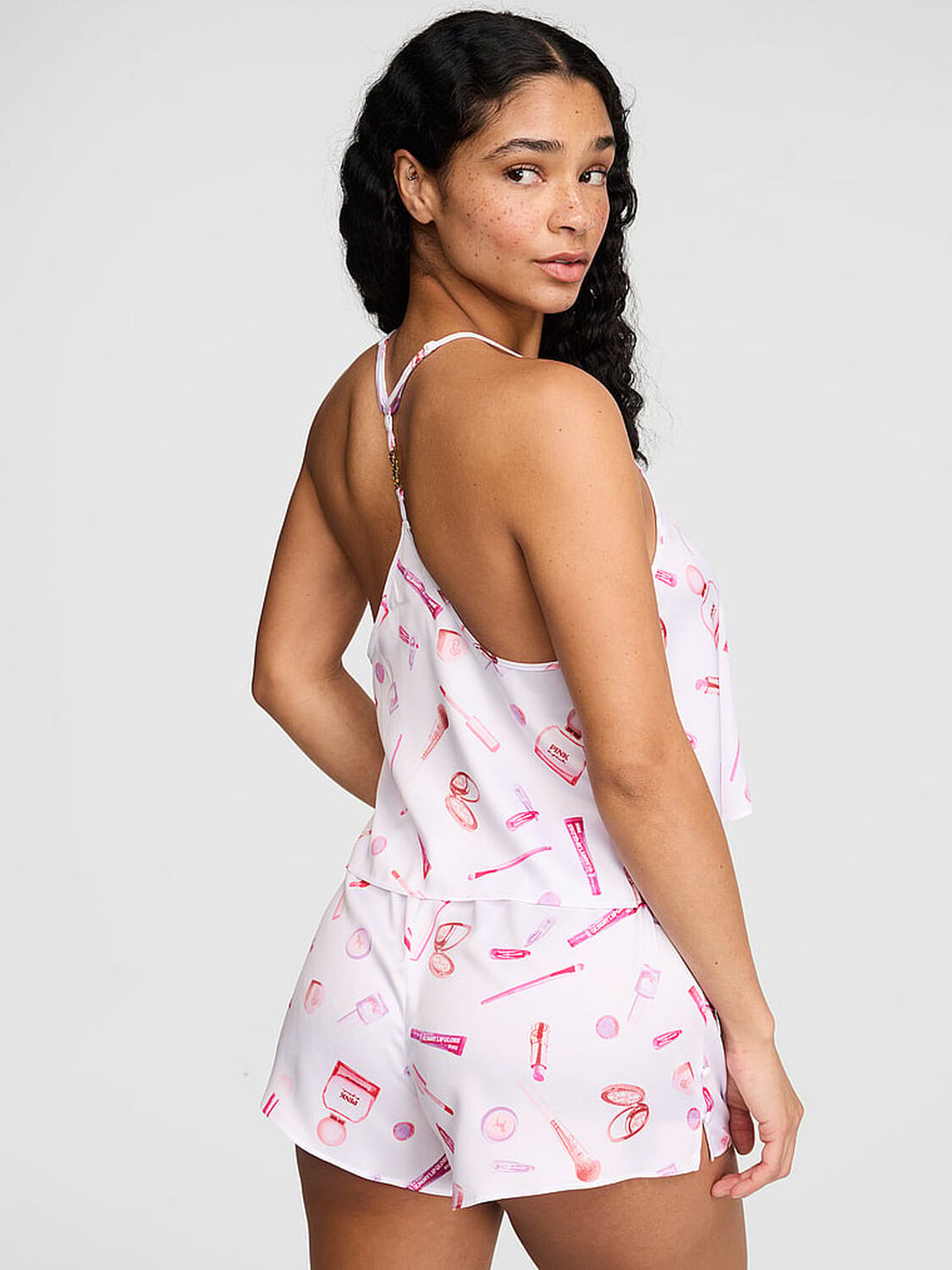 pink Pink GRWPINK&trade; Satin Cami & Shorts Pajama Set White Makeup Print 2 of 4 