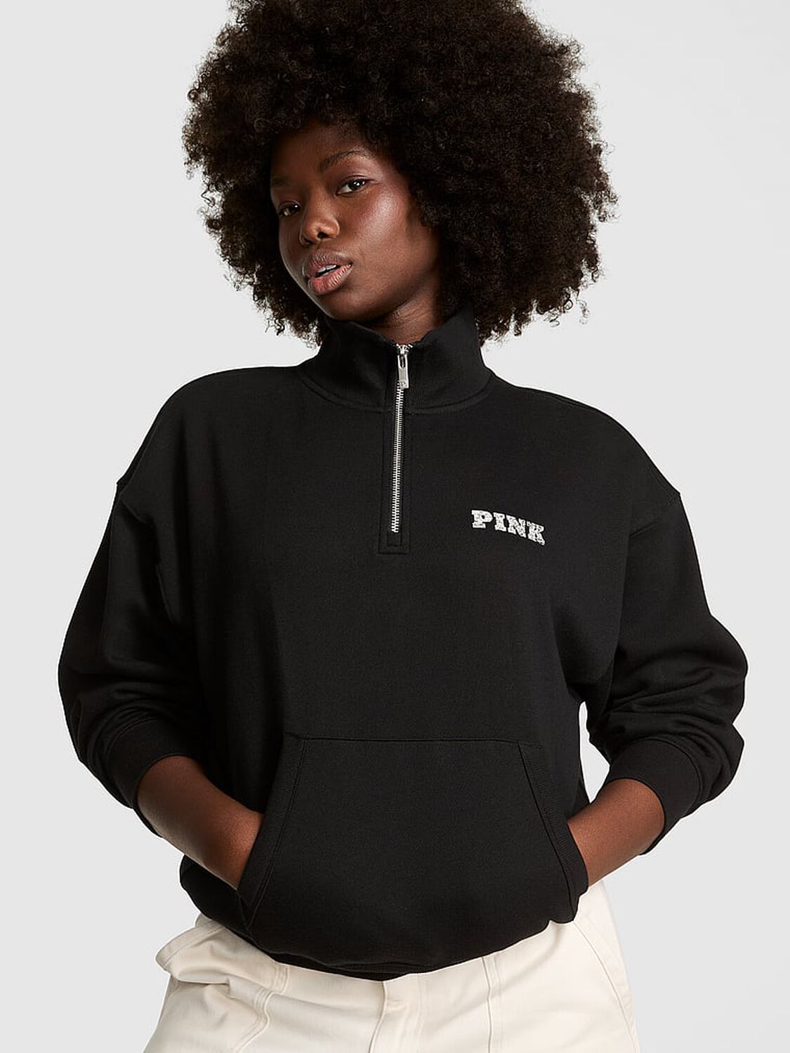 vs Pink Ivy Fleece Quarter-Zip Sweatshirt Pure Black Holiday 1 of 3 