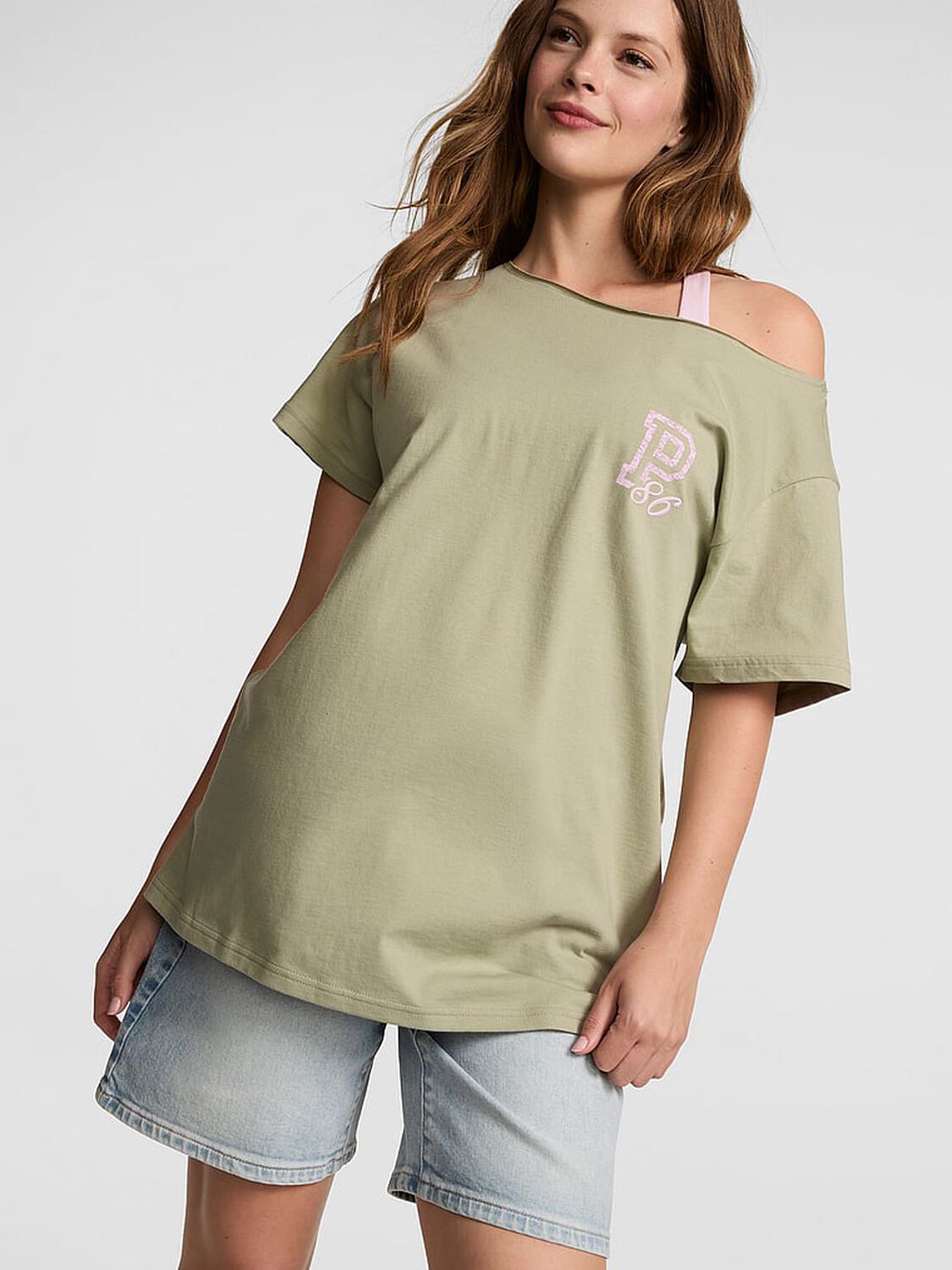 vs Pink Campus Cotton&trade; Off-The-Shoulder Tee Slate Green 1 of 2 