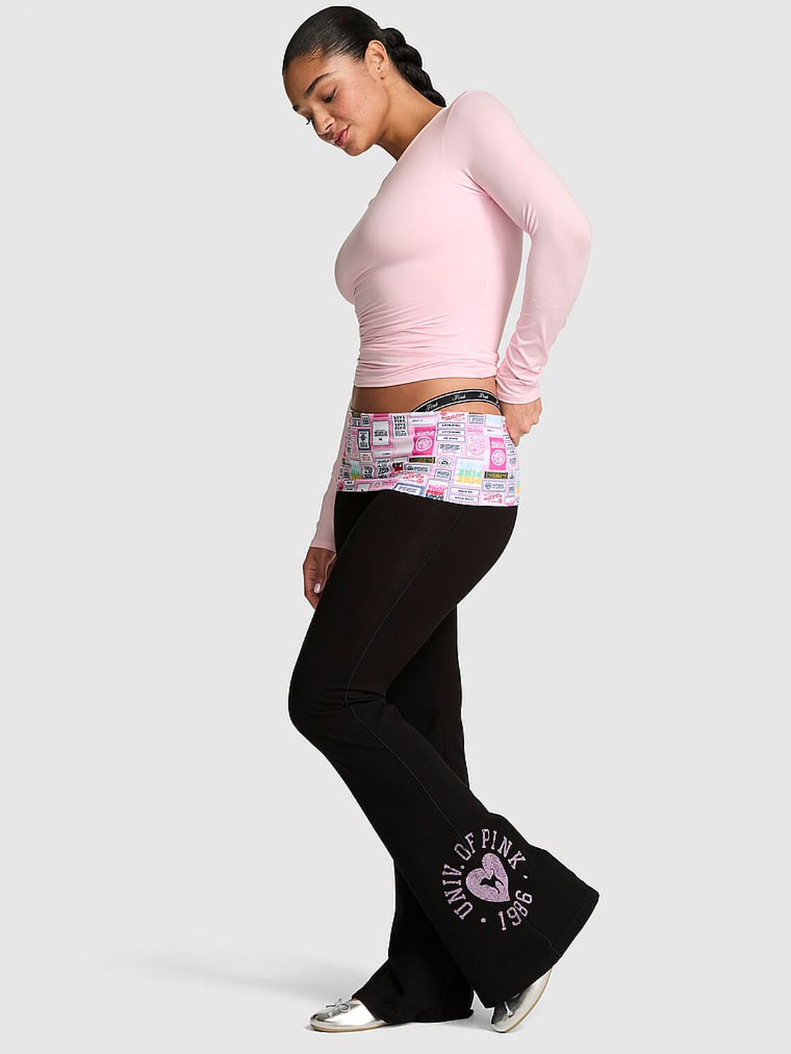 pink Pink All-Day Cotton&trade; Foldover Flare Leggings Black 1 of 4 
