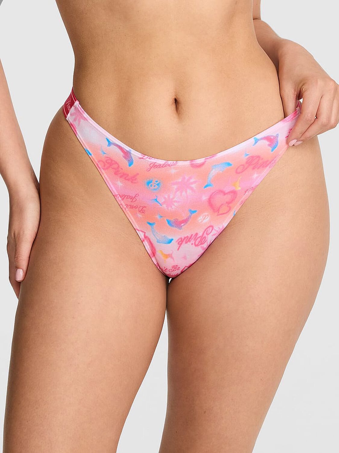 vs Pink Logo Cotton High-Leg Thong Panty Love Me Pink Airbrush Print 1 of 3 
