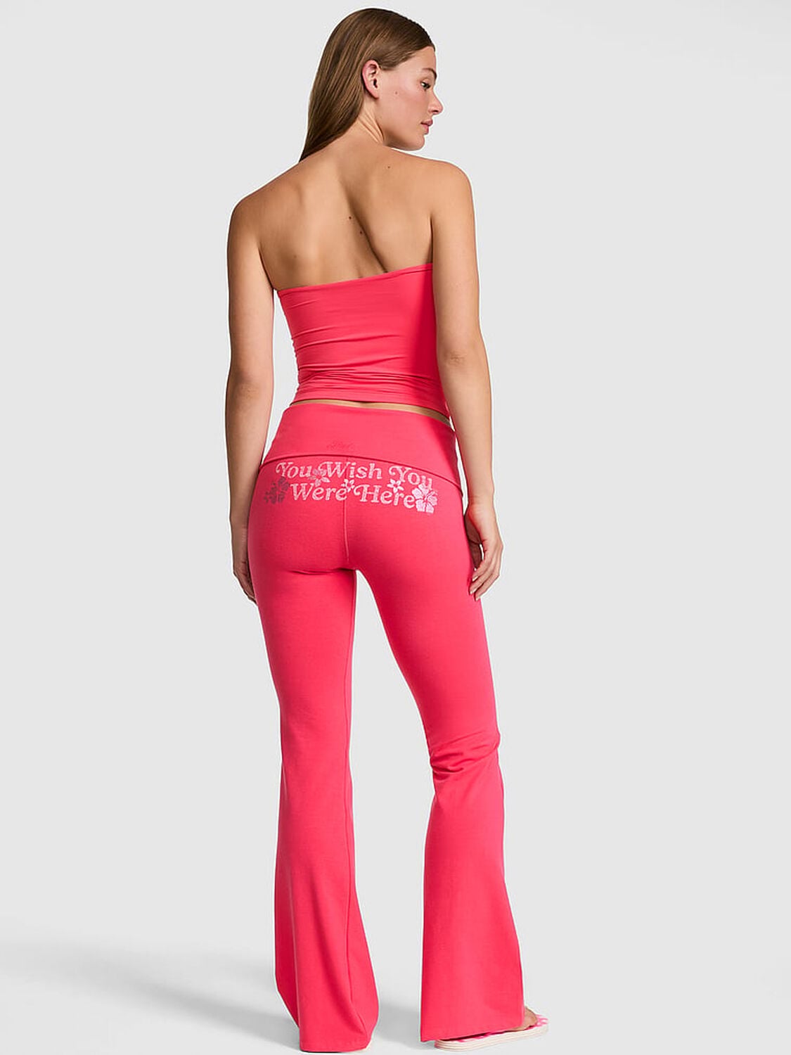 vs Pink All-Day Cotton&trade; Foldover Flare Leggings Candy Pink 'You Wish You Were Here' Booty Hit 2 of 2 