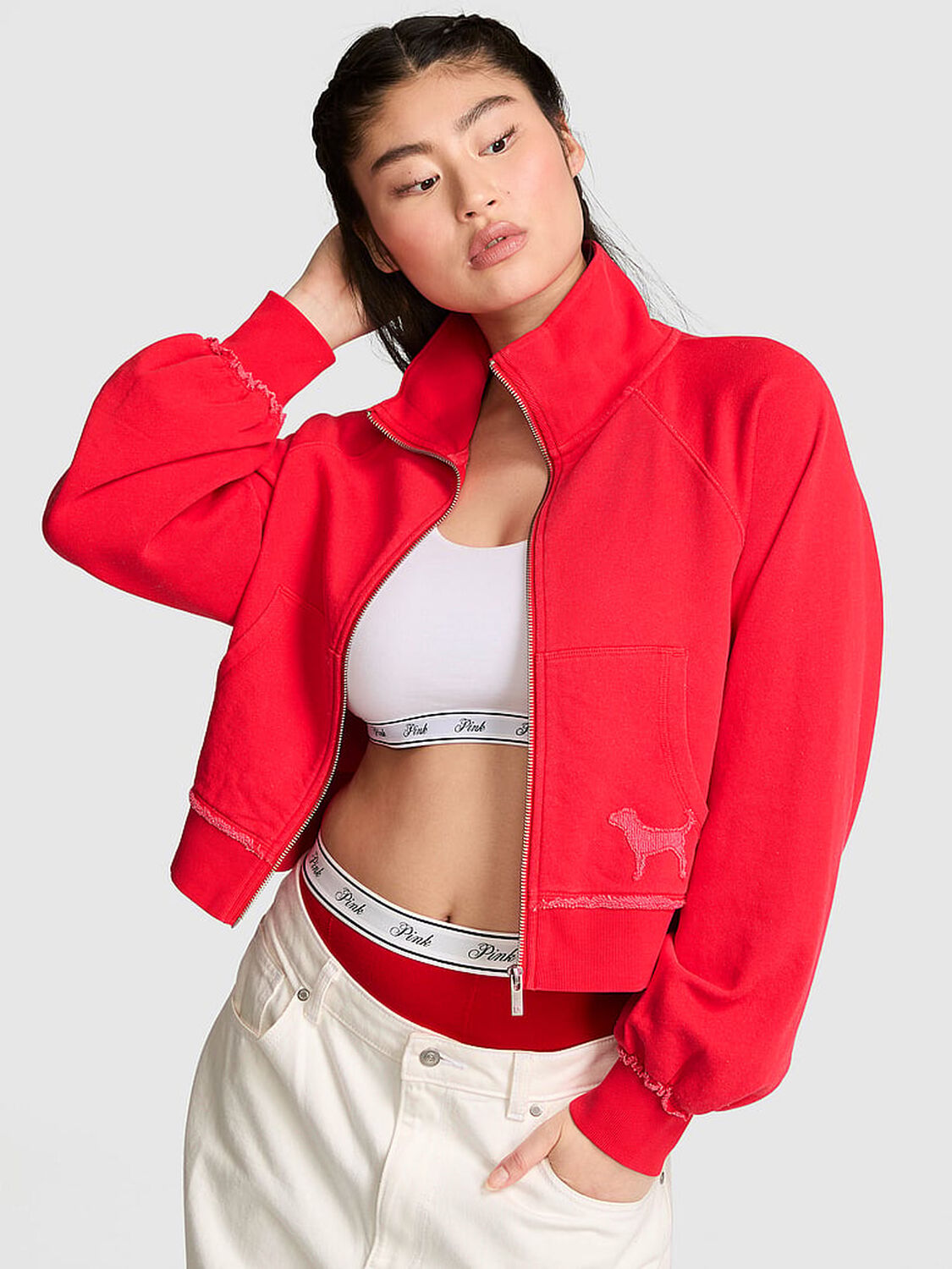 vs Pink Campus Terry&trade; Mock-Neck Full-Zip Sweatshirt Bright Vermillion 1 of 3 