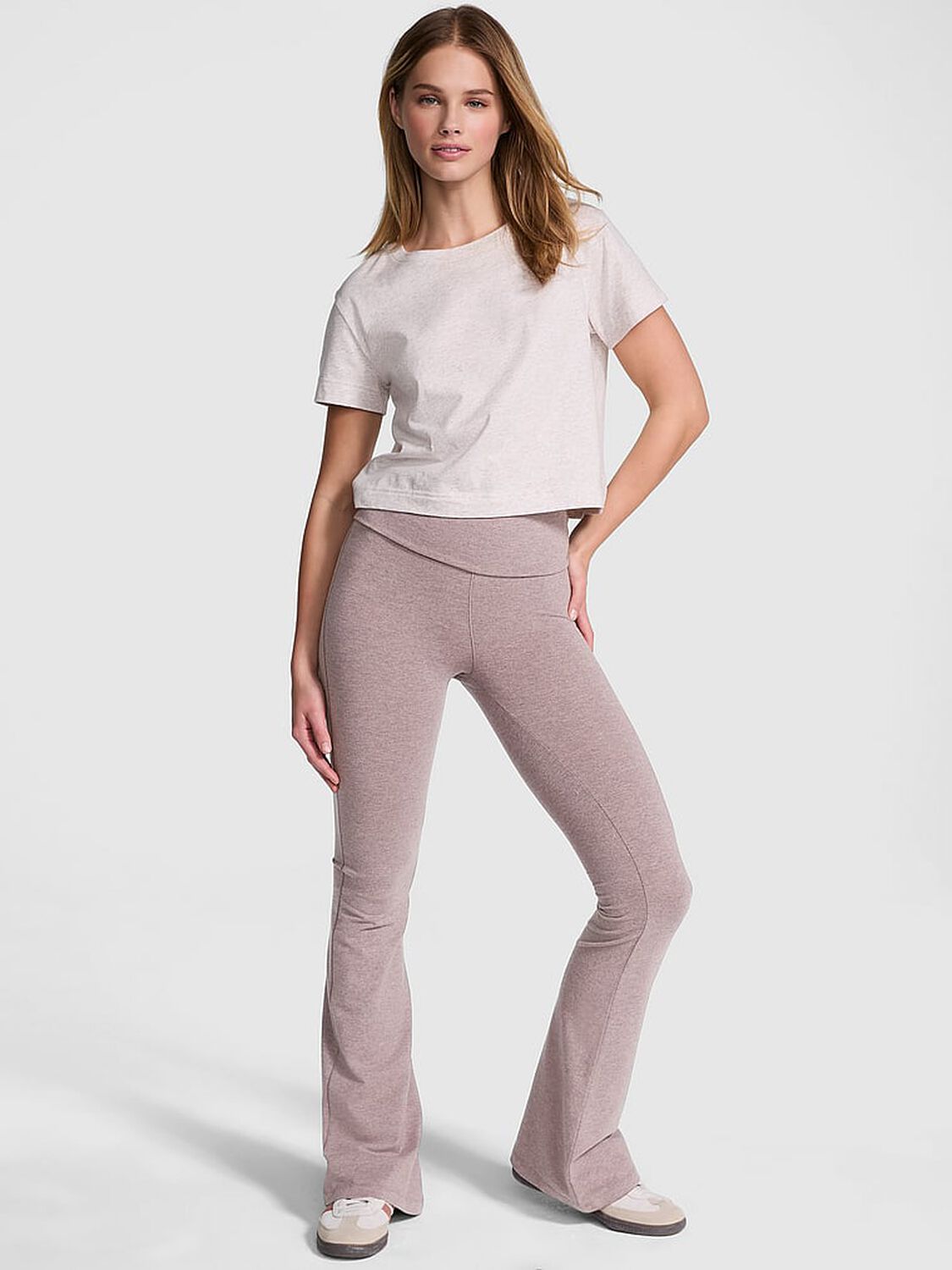 vs Pink All-Day Cotton Foldover Flare Leggings Cocoa Heather Blush 1 of 4 
