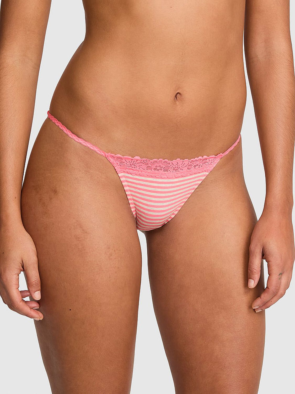 vs Pink Cotton Lace-Trim Bikini Panty Heather Frosted Coral Stripe Print 1 of 3 
