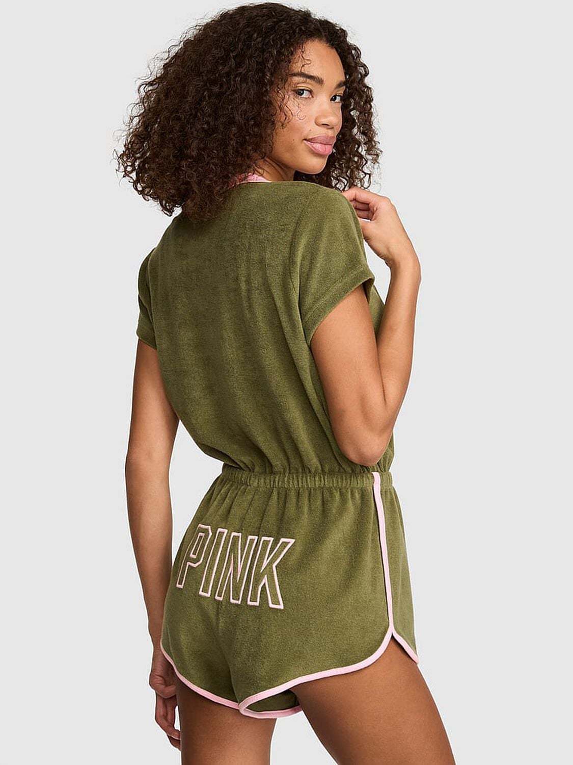 pink Pink Terry Henley Cover-Up Onesie Woodland Green 2 of 3 