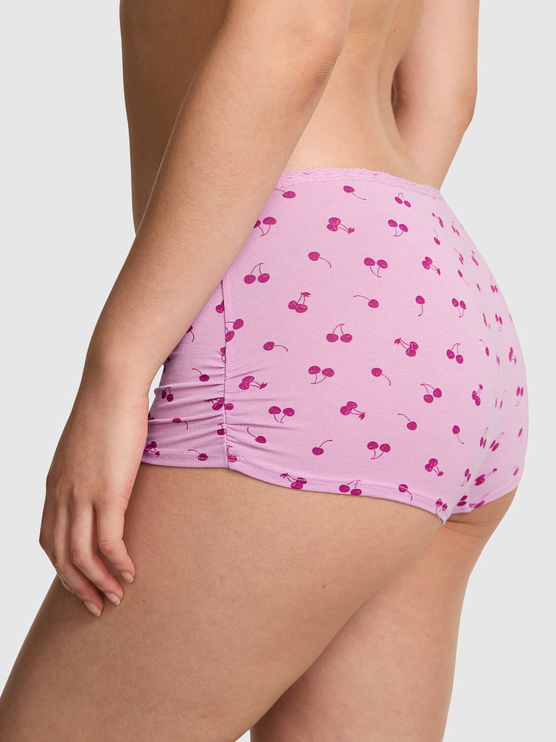 vs Pink Cotton Dorm Boyshort Panty Hushed Lilac Cherry  With Purple Lace 2 of 3 