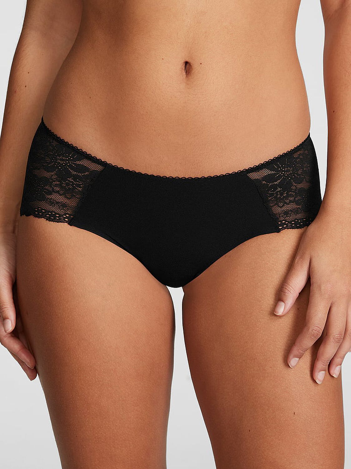 vs Pink No-Show Hiphugger Panty Pure Black Lace Trim 1 of 3 