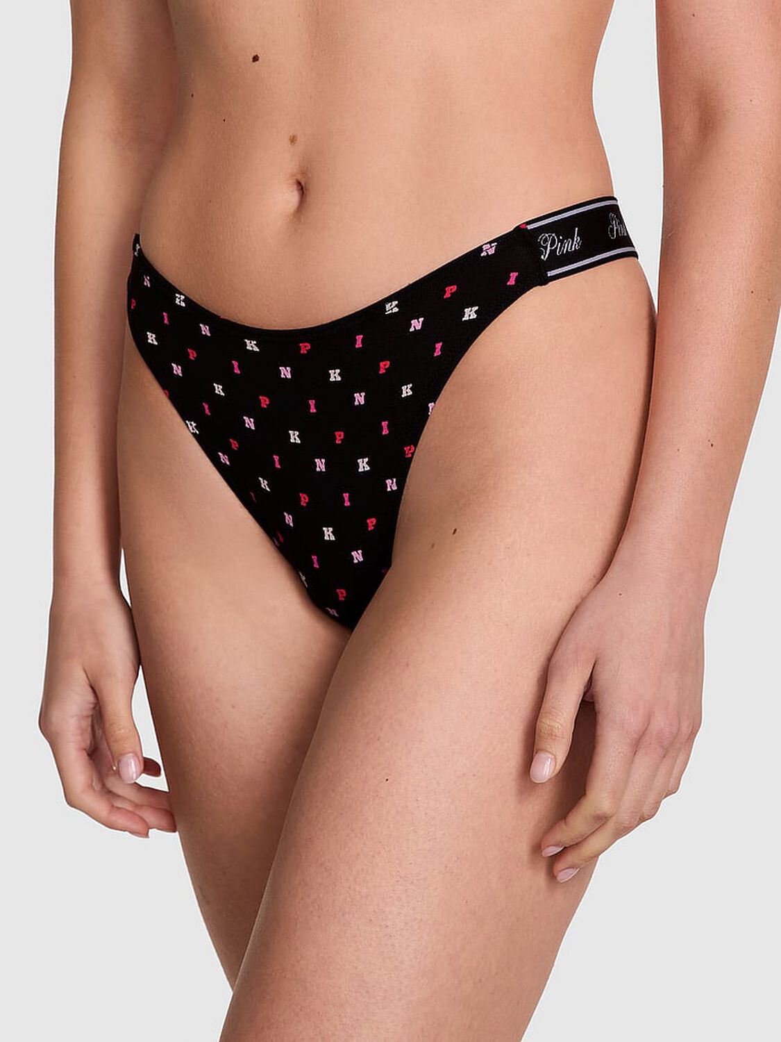 vs Pink Logo Cotton Shine High-Leg Thong Panty Black Block P I N K Print 1 of 3 