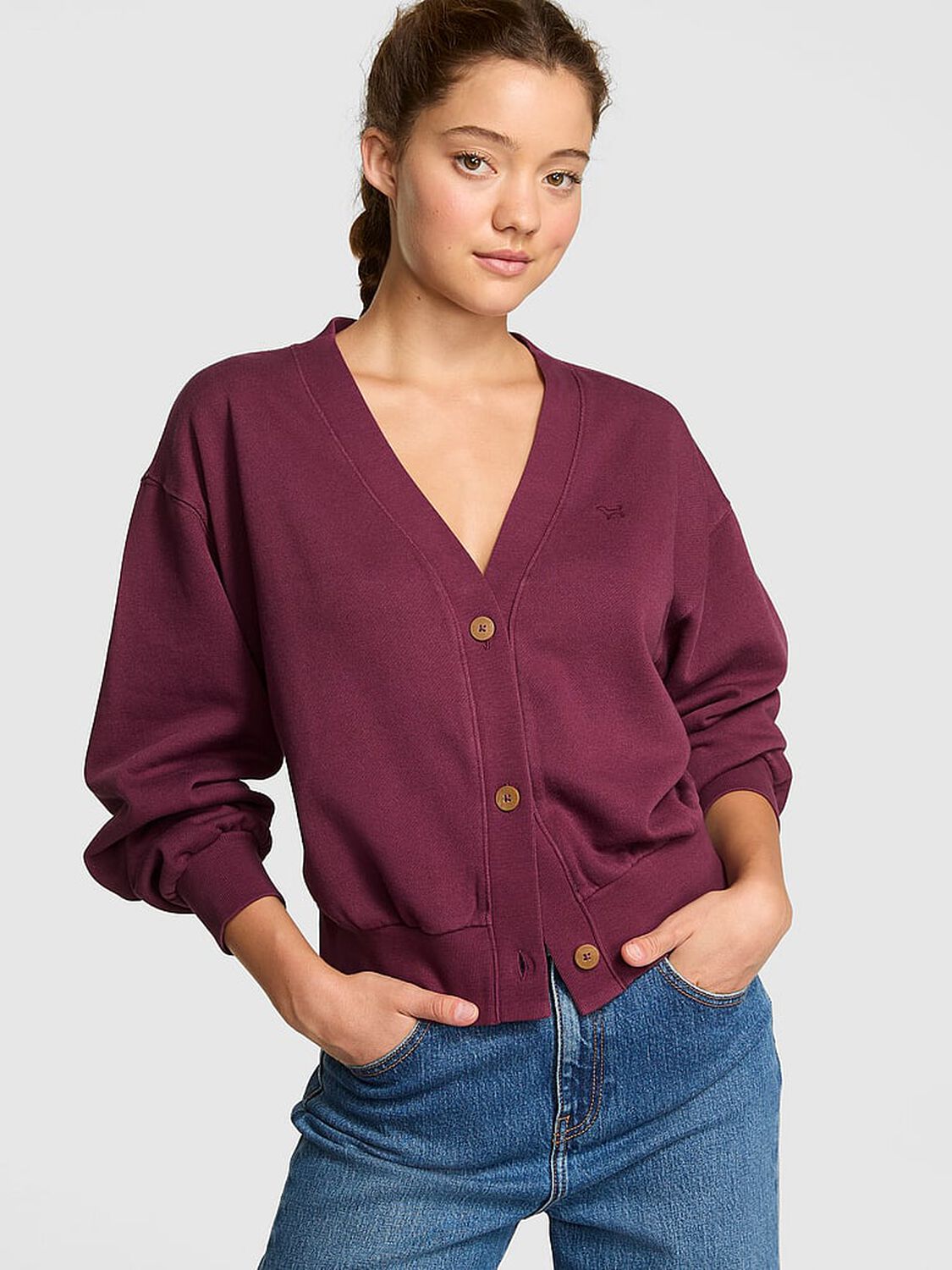 vs Pink Ivy Fleece Cropped Cardigan Wild Rose 1 of 3 