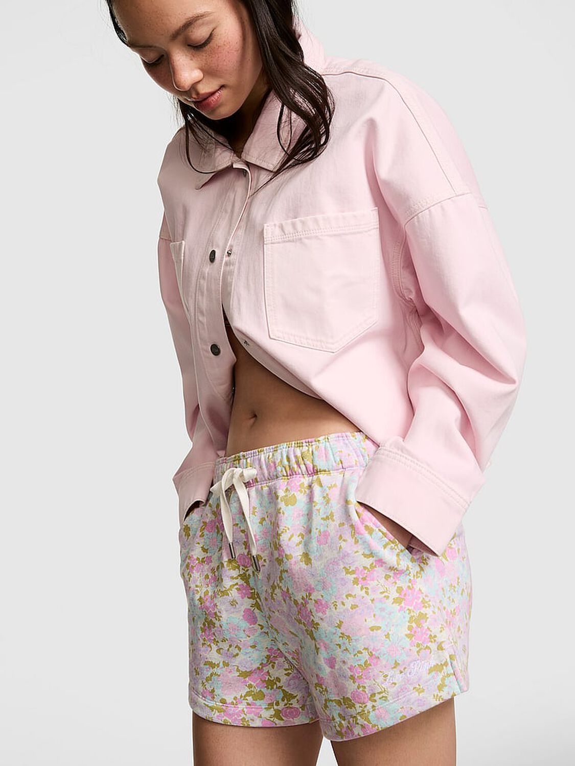 vs Pink Campus Fleece&trade; Roll-Down Shorts Floral 1 of 3 