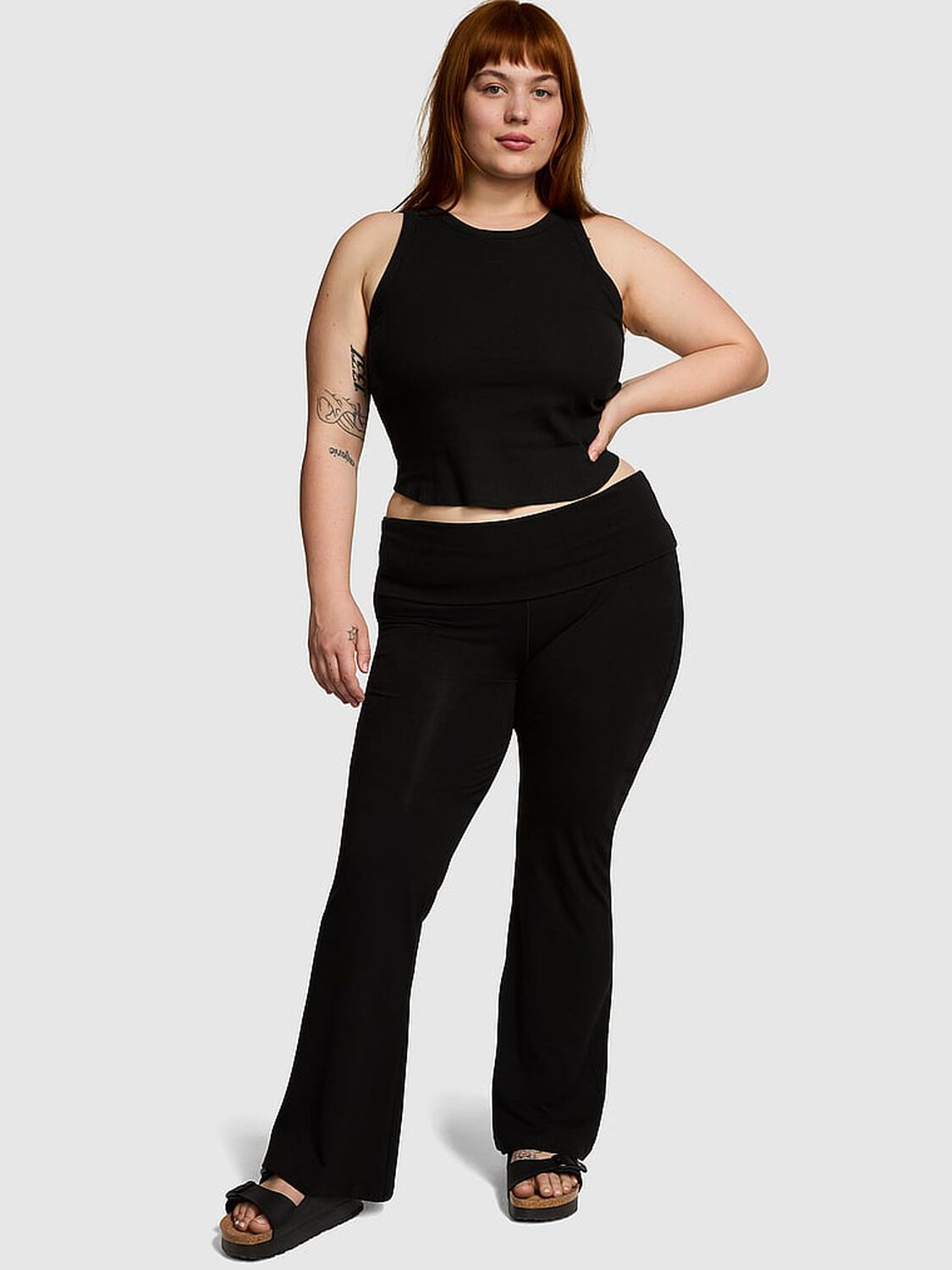 vs Pink All-Day Cotton Foldover Flare Leggings Pure Black 1 of 3 