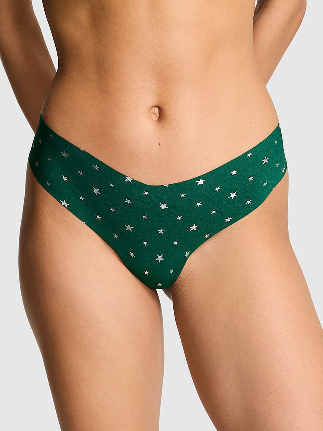 vs Pink No-Show Thong Panty Jaguar Green Star Foil Print 1 of 3 