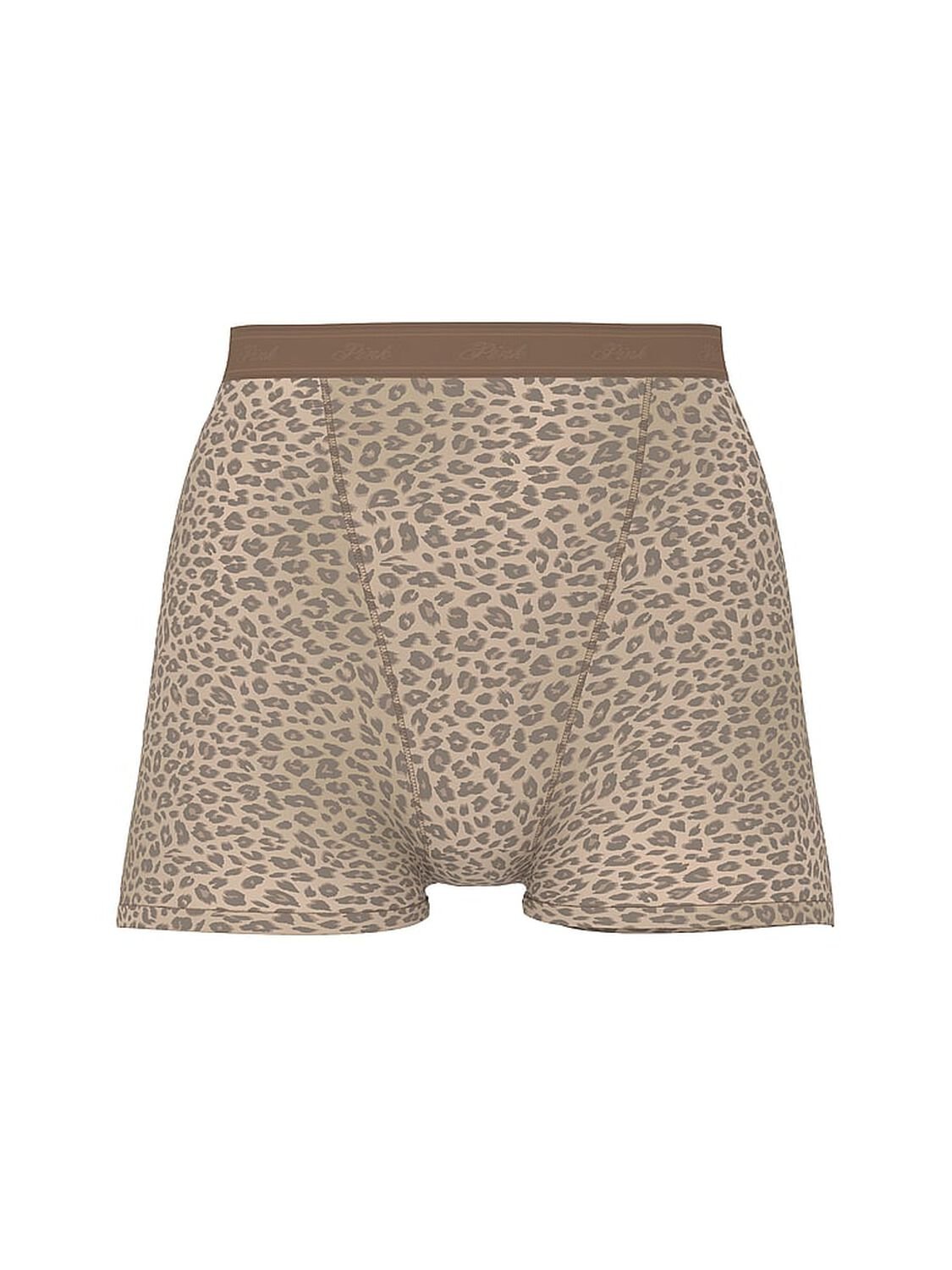 vs Pink Logo Cotton High-Waist Boyshort Panty Birch Brown Leopard Print 1 of 2 