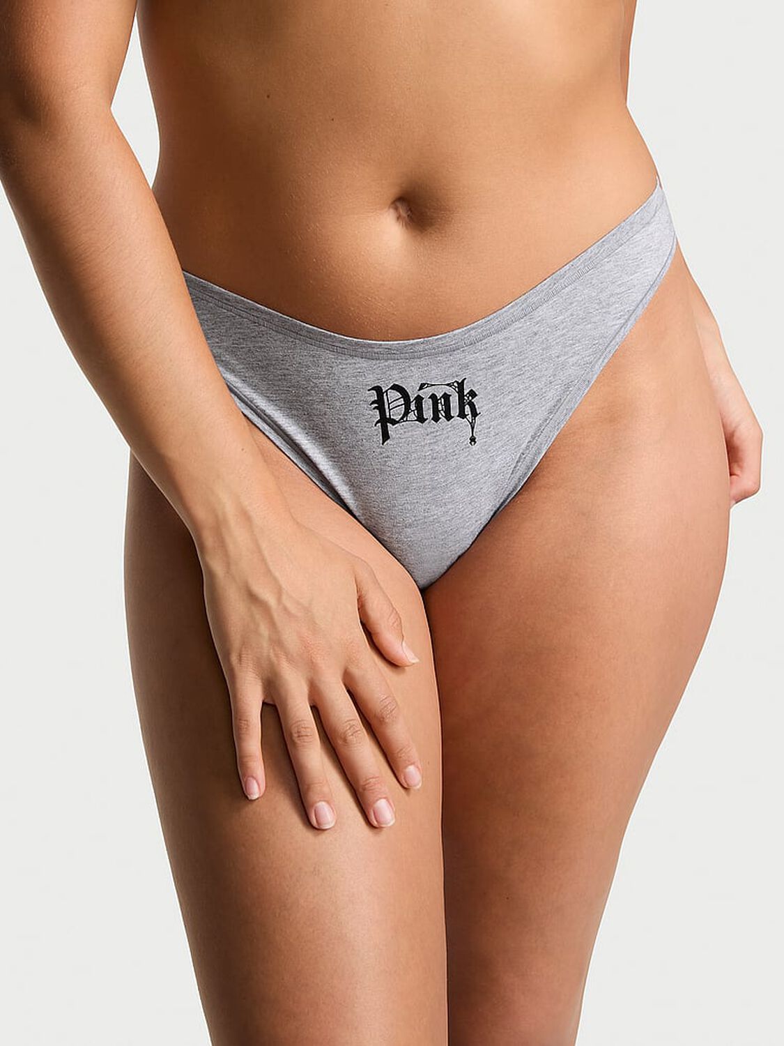 vs Pink Cotton High-Leg Thong Panty Medium Heather Grey Pink Halloween Graphic 1 of 3 