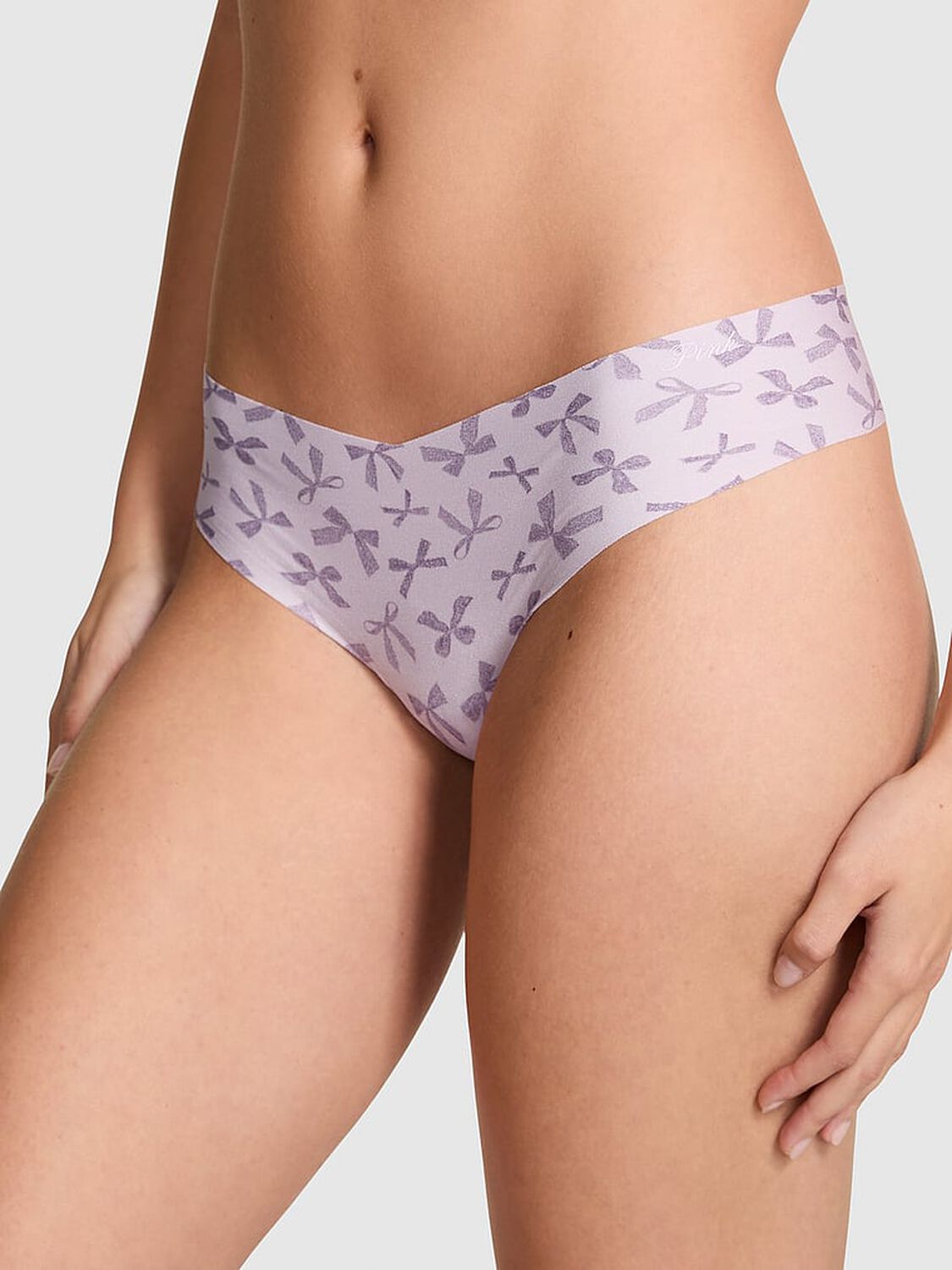 vs Pink No-Show Thong Panty Purple Whisper Lace Bow Print 1 of 3 