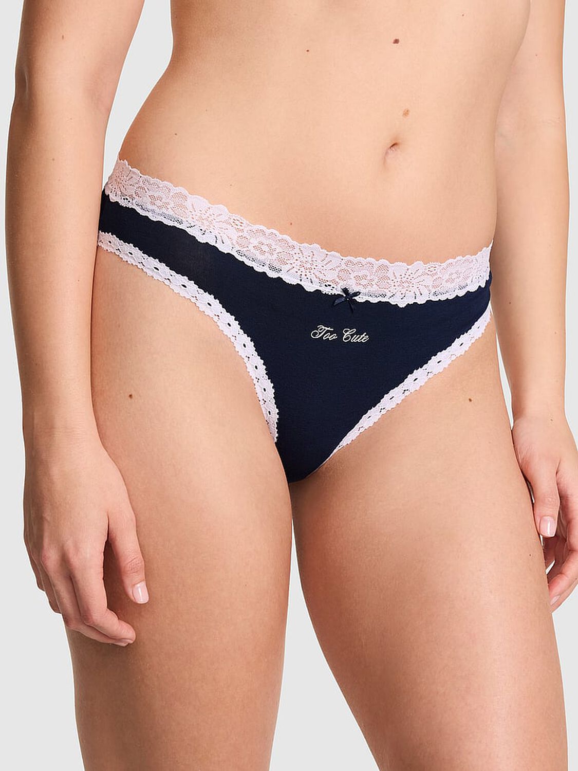vs Pink Cotton Lace-Trim Cheeky Panty Noir Navy With White Lace And Too Cute Graphic 1 of 3 