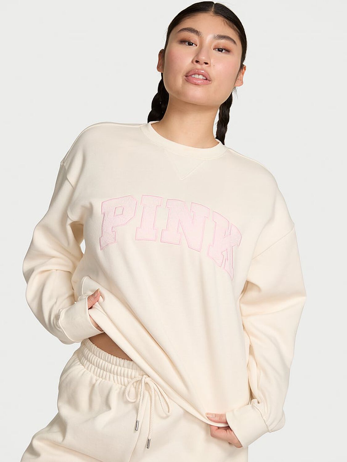 vs Pink Ivy Fleece Oversized Crew Sweatshirt Winter White Pretty In Pink 1 of 2 