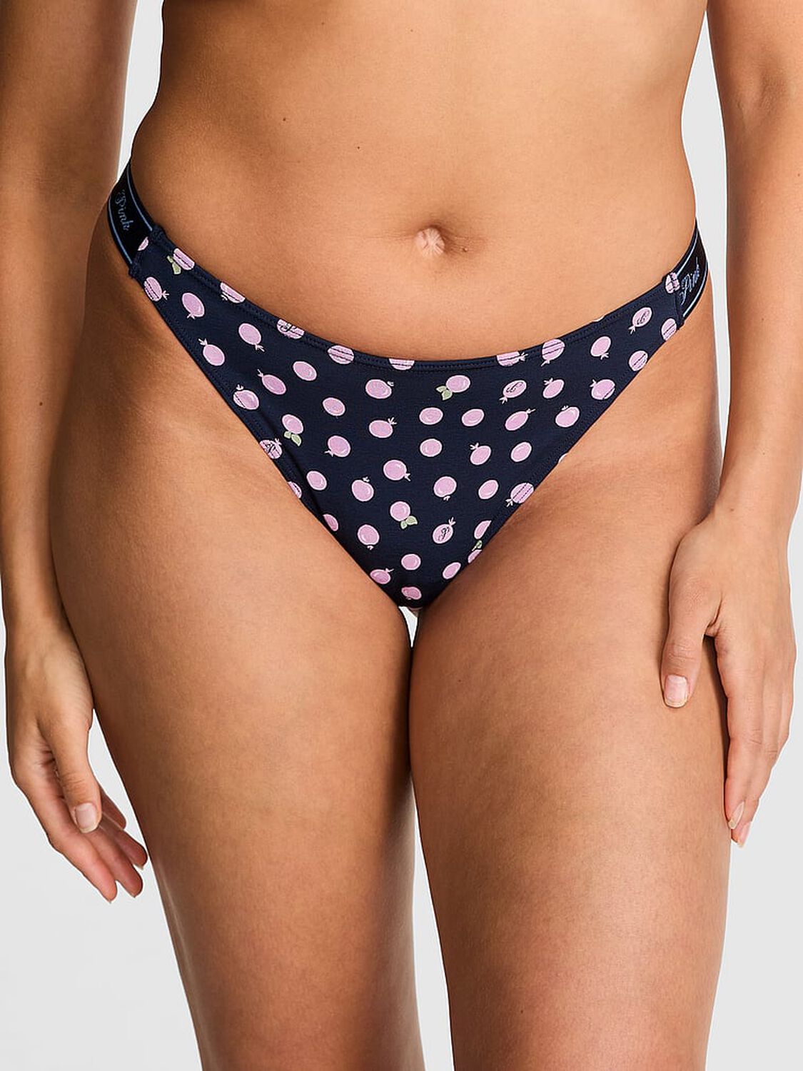 vs Pink Logo Cotton Shine High-Leg Thong Panty Navy Blueberry Print 1 of 3 
