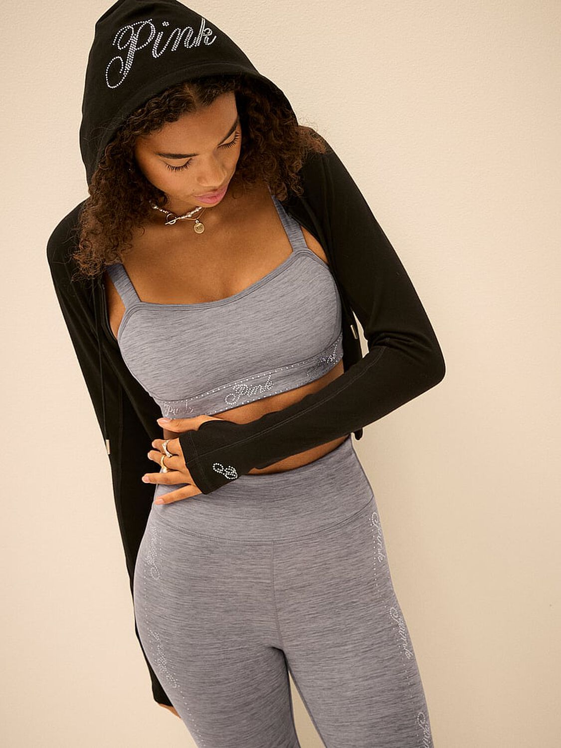 vs Pink Relay Logo Shine Sports Bra Night Owl Grey Marl Bling Logo 4 of 4 