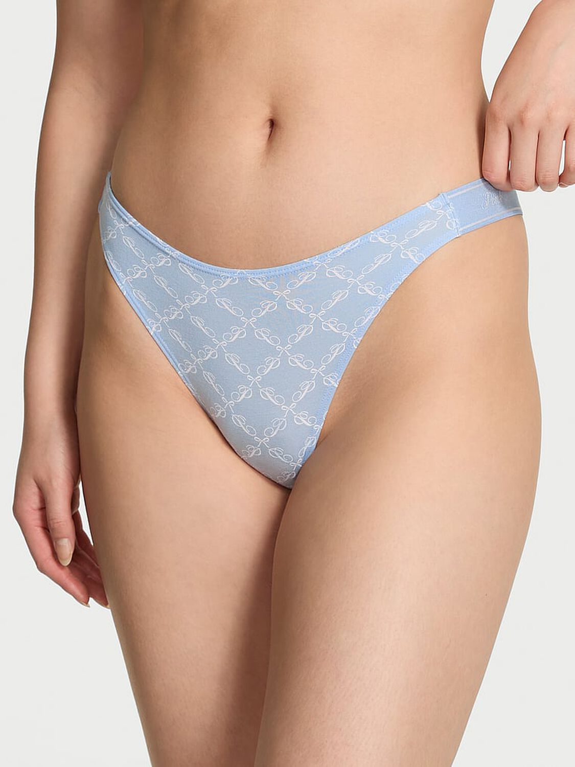 vs Pink Logo Cotton Shine High-Leg Thong Panty Icy Blue P Bow Print 1 of 3 