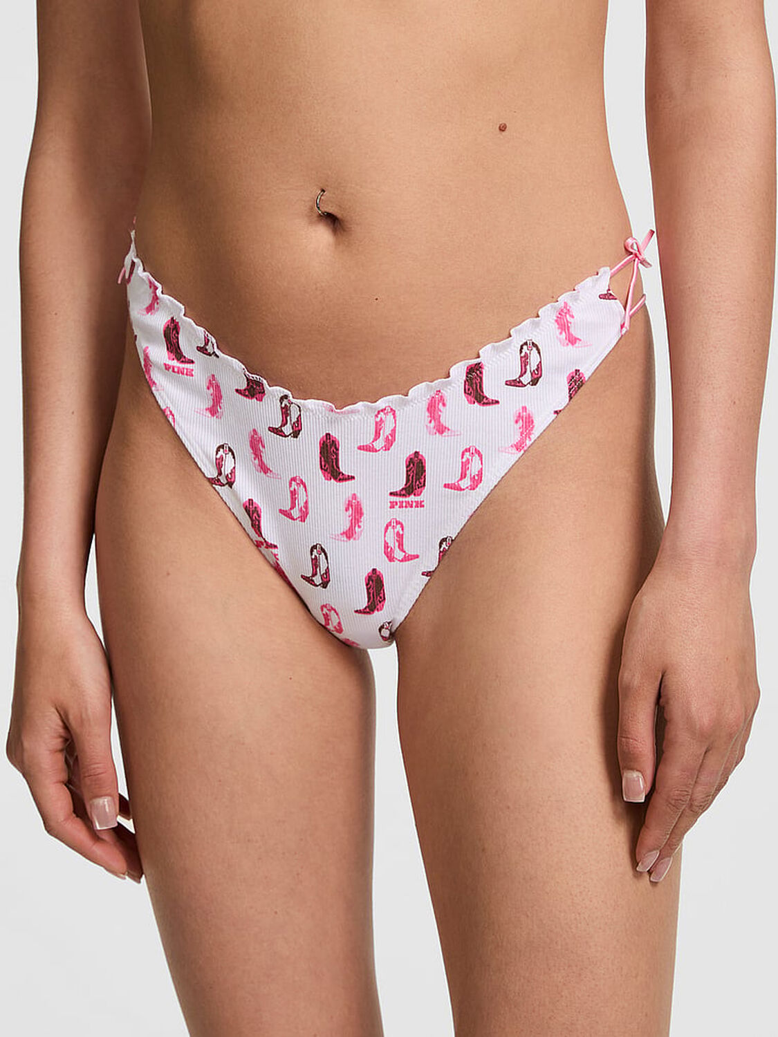vs Pink Cotton Side-Tie Thong Panty White Cowboy Boot Print Side Tie 1 of 3 