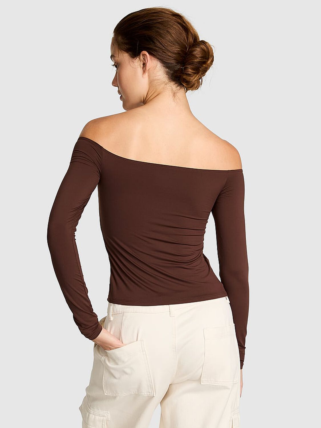 vs Pink Base Stretch Off-The-Shoulder Long-Sleeve Top Ganache 2 of 3 