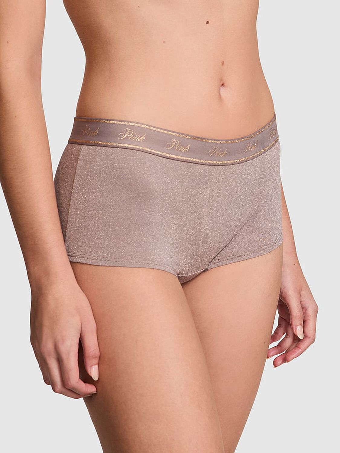 vs Pink Logo Cotton Shimmer Boyshort Panty Iced Coffee Sparkle Knit 3 of 4 