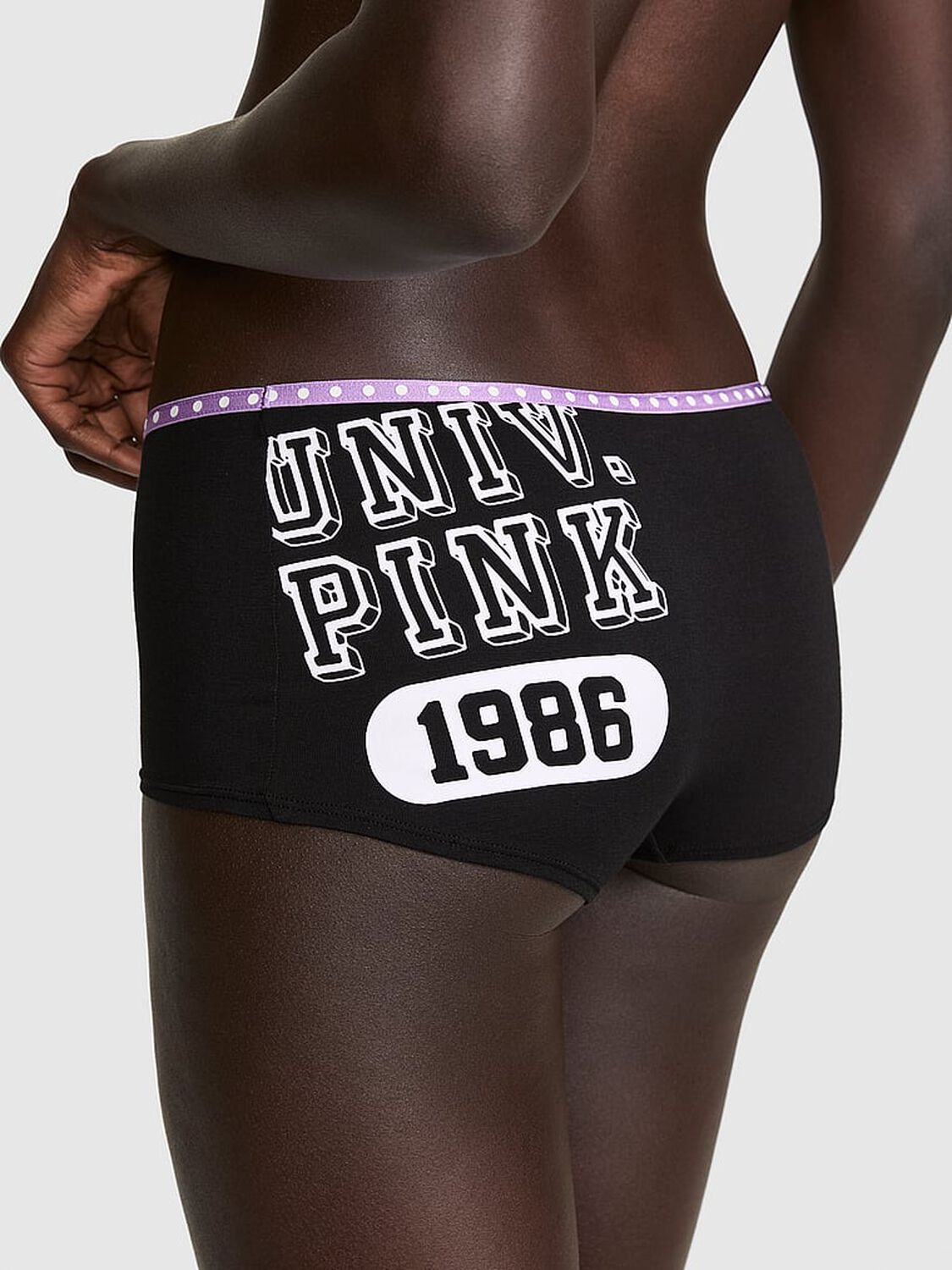 vs Pink Logo Cotton Boyshort Panty Black With Univ Pink 1986 Graphic 2 of 3 