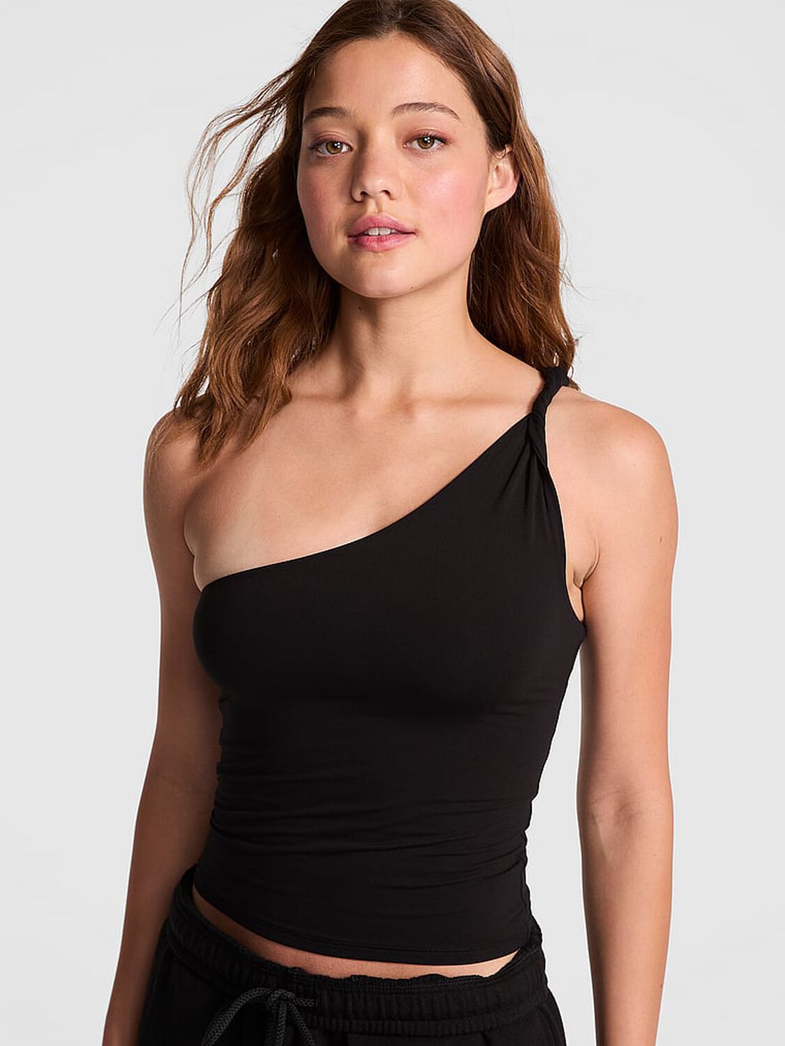 vs Pink Base Stretch Twisted One-Shoulder Tank Top Pure Black 1 of 3 